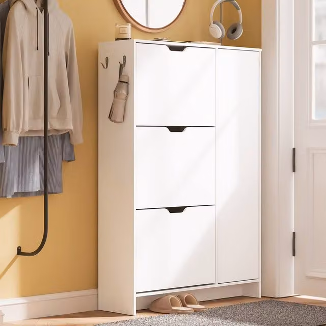 SoBuy Modern Slim White Shoe Cabinet with Internal Drawers and Hinged Doors