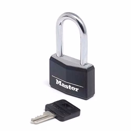 Master Lock 9140EURDBLKLF Aluminium Key Padlock with Vinyl Cover and Medium Shackle, Black, W: 7.6 cm, D: 4 cm, H: 1.3 cm – 1