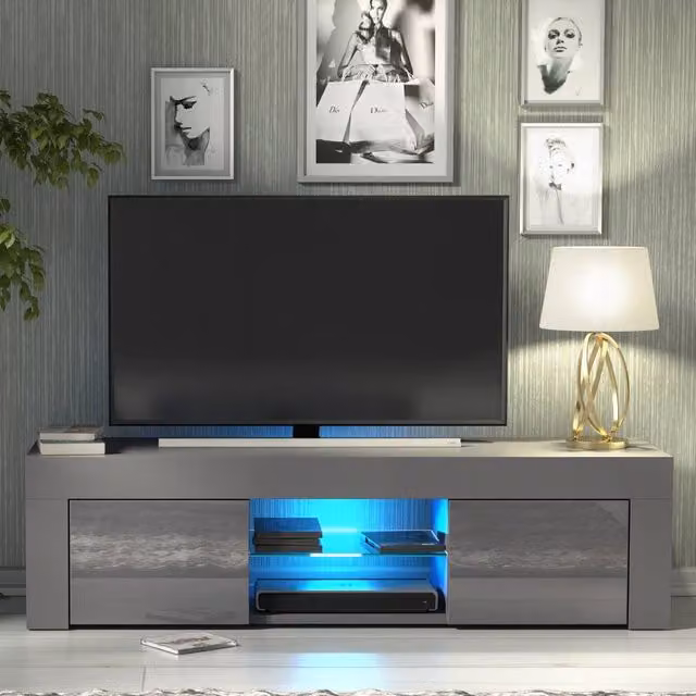 Creative Furniture Loom TV Unit in Grey with Glossy MDF and Glass Details, W: 130 cm, D: 35 cm, H: 35 cm
