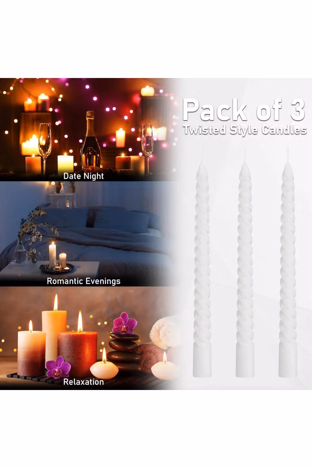 Deco Express White Twisted Non Drip Spiral Dinner Candles, Pack of 3 – 4