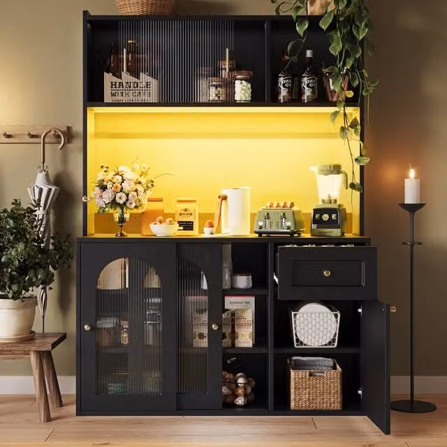 ModernLuxe Tall Kitchen Cupboard in Matt Black with Glass Doors, Internal Drawers and Integrated LED Lighting, W/D/H: 120 x 48.85 x 167 cm