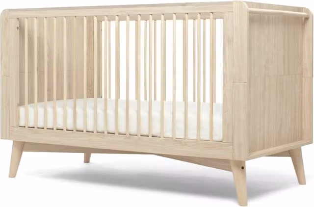 Mamas & Papas Coxley Mid-Century Oak Cotbed in Brown and Beige with Drop Side and Side Compartments