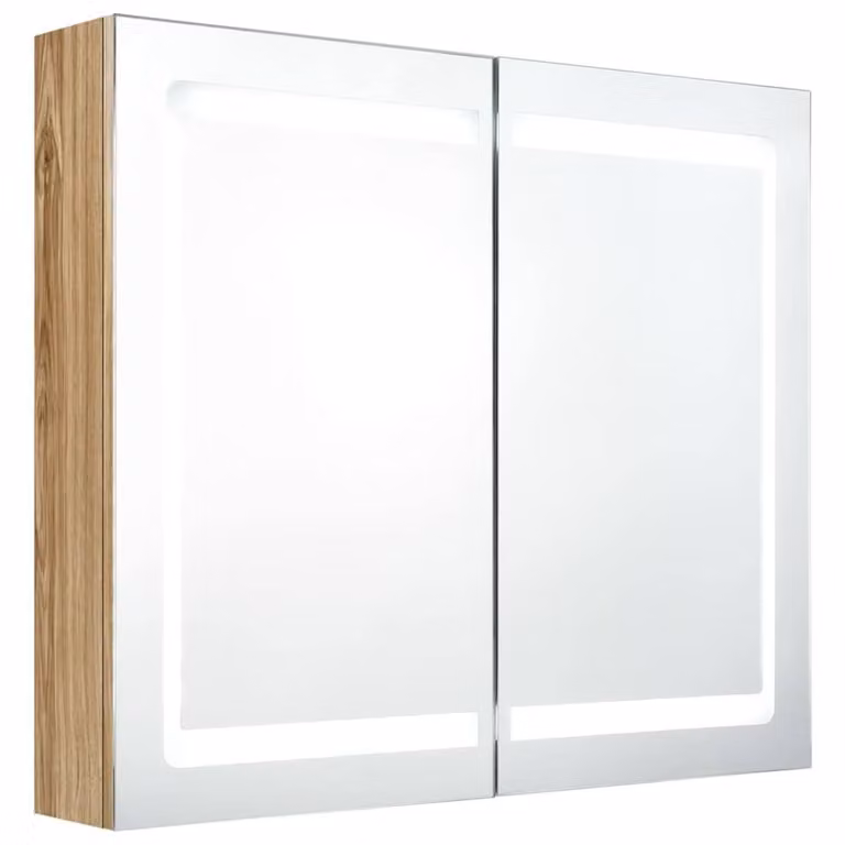 Berkfield Home LED Bathroom Mirror Cabinet in Brown Oak, W/D/H: 80 x 12 x 68 cm