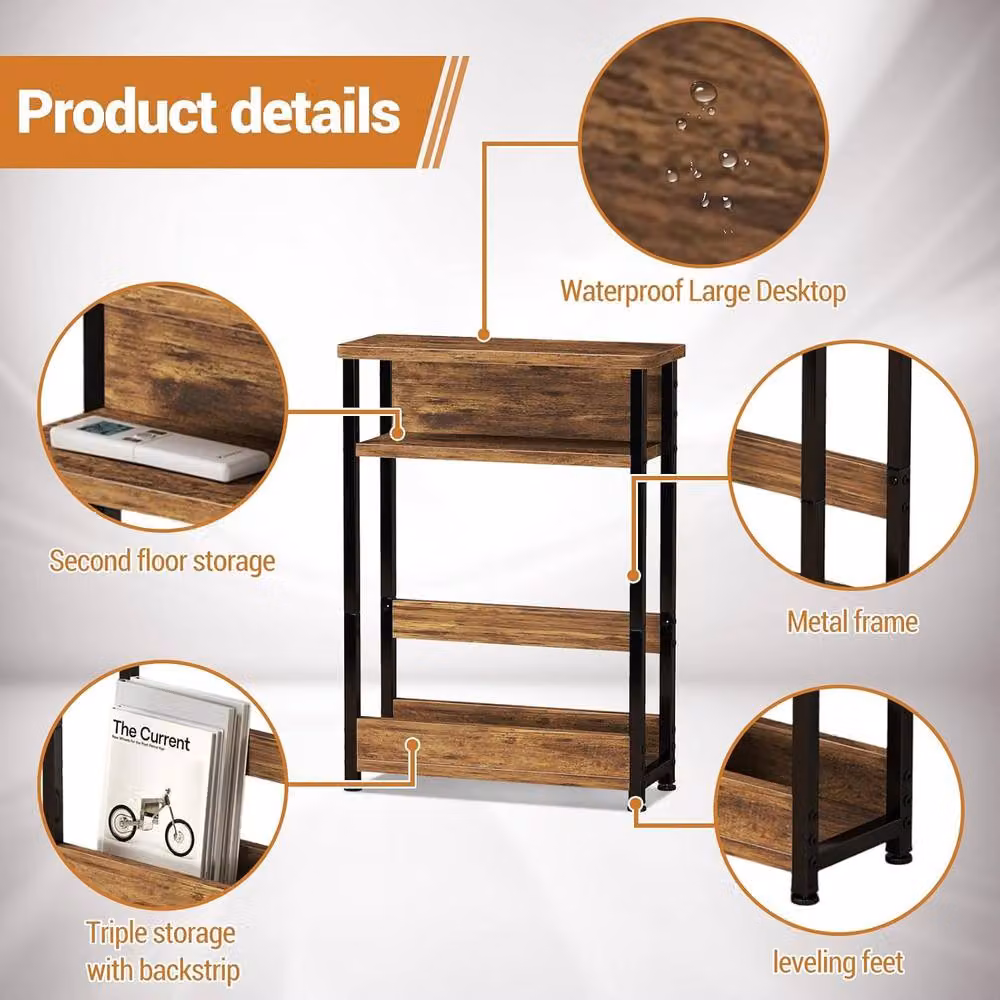 London Boutique 3-Tier Narrow Side Table with Magazine Rack in Brown and Black – 3
