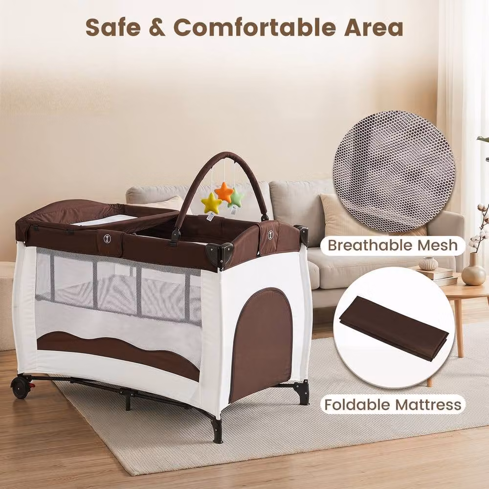 Gymax Folding Playpen in Brown with Diaper Changing Table, 2 Lockable Wheels and 3 Hanging Toys – 8