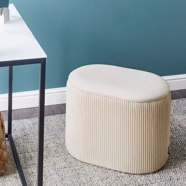 Wyld and Coco Velvet Pouffe with Hidden Storage in Light Beige