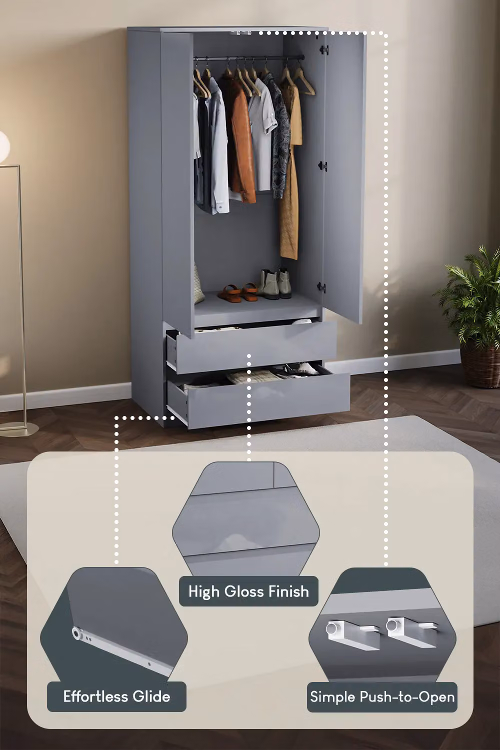 Vida Designs Glinton High Gloss 2 Door 2 Drawer Wardrobe in Grey – 3