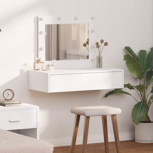 Berkfield Home Wall Hanging Dressing Table with Hollywood LED Lights, White, W/D/H: 83 x 40 x 70 cm