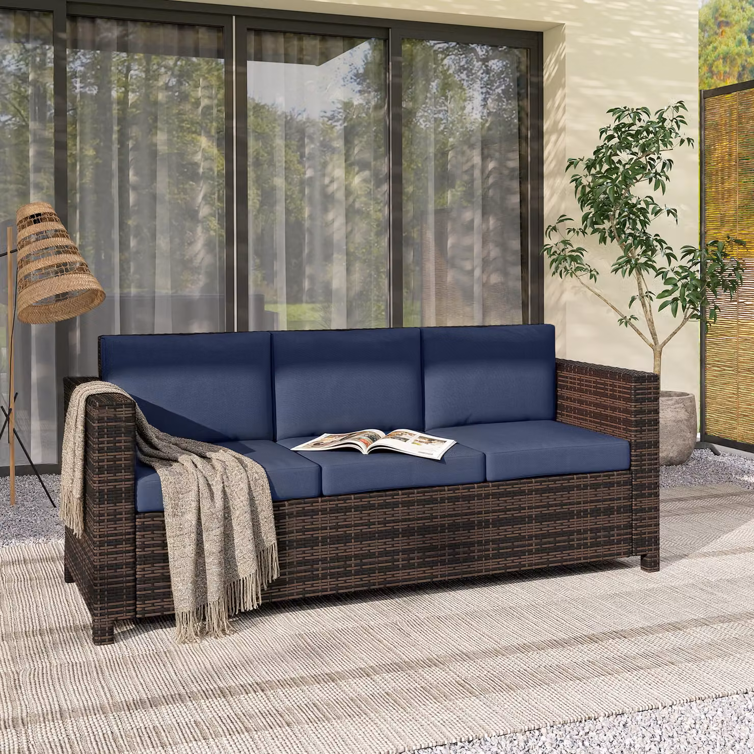 Outsunny 3 Seater Rattan Sofa with Powder Coated Steel Frame and Fire Resistant Blue Cushions – 7