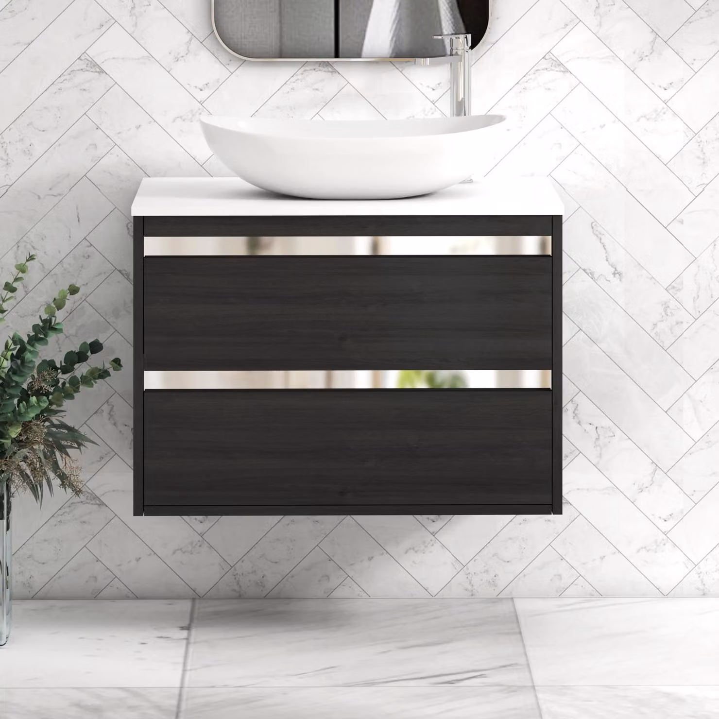 Royal Bathrooms Orion 800mm Hale Wall Hung Vanity Unit with Cesar Basin and 2 Drawers in Black and White with Chrome Accent Trim