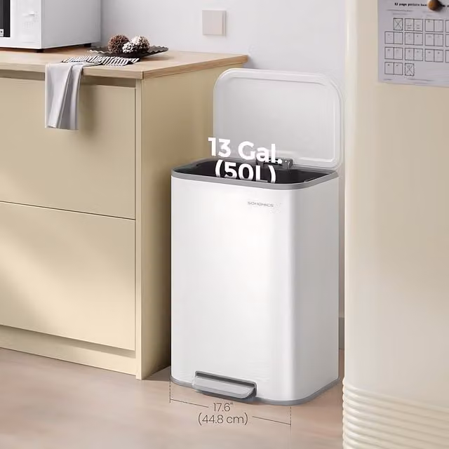 The Bazaarist Large Kitchen Pedal Bin with Soft Close and Removable Inner Bucket, White
