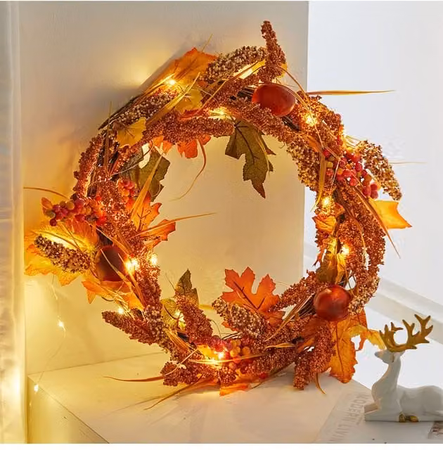 Living and Home Artificial Maple Leaf and Acorn Autumn Harvest Wreath with LED Lights in Orange – 1