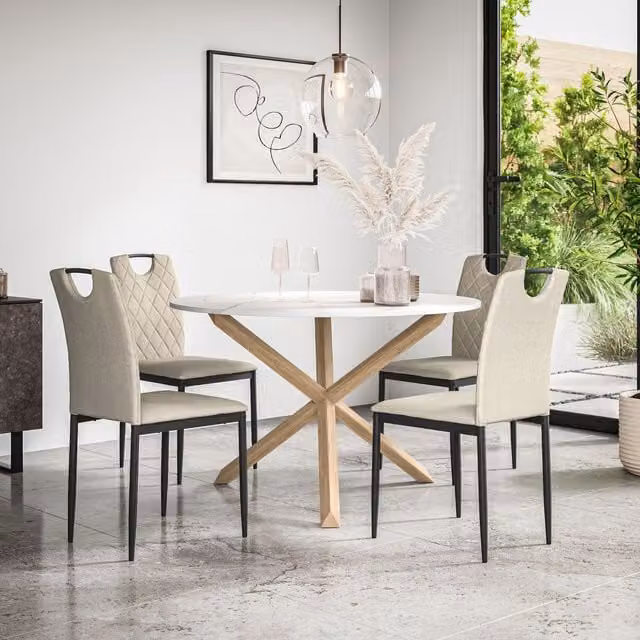 More4Homes Malvern Round Dining Table and 4 Monza Fabric Chairs Set, Marble Top with Solid Oak Legs, Beige and White – 1