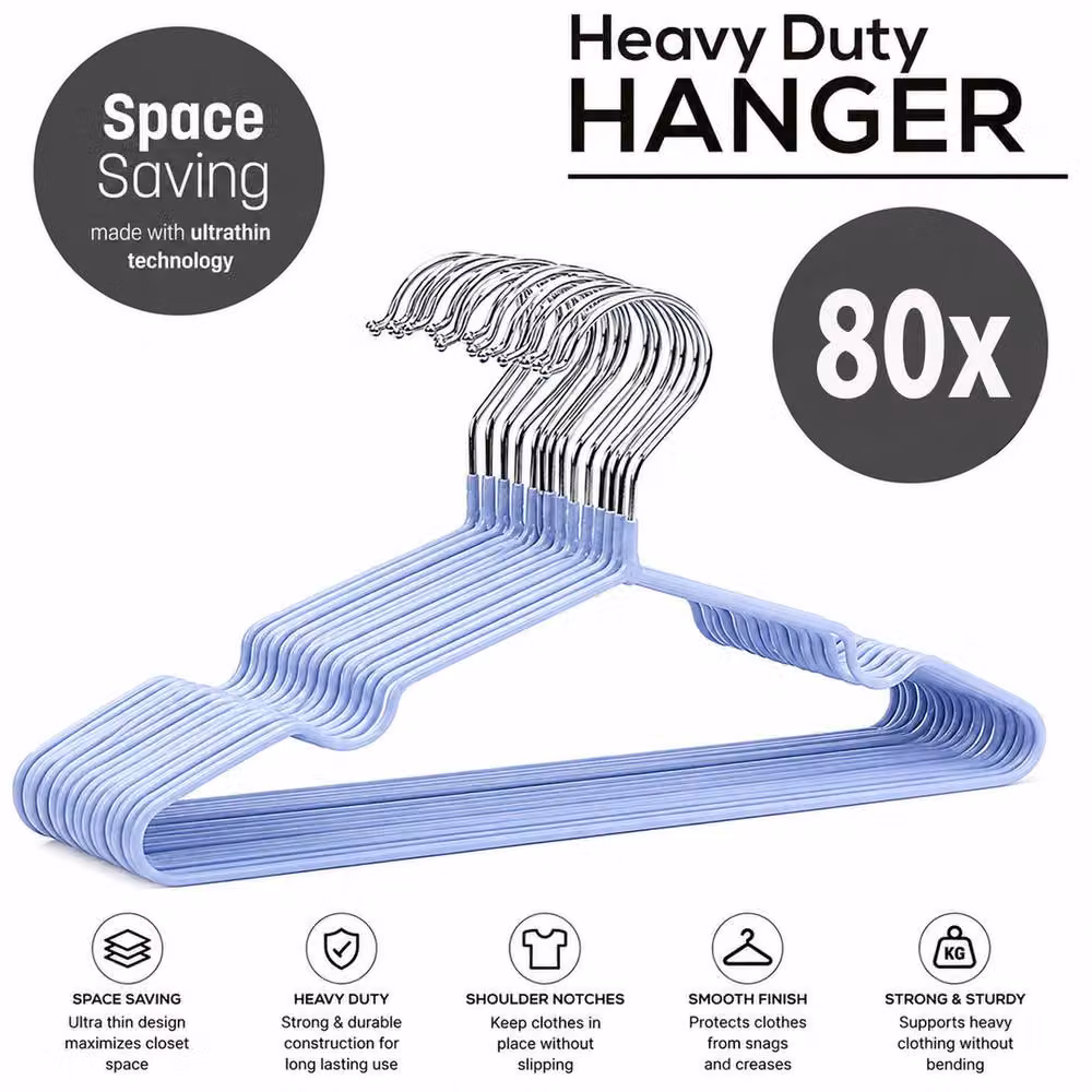 ATEK 80 Pack Non-Slip Rubber-Coated Metal Clothes Hangers in Blue – 3