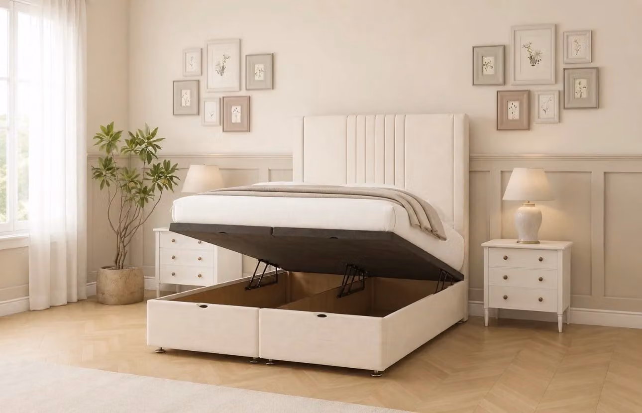 Auckland Divan Bed by BEDS NK LTD, White Upholstered Fabric Modern Lift Up Base Bed