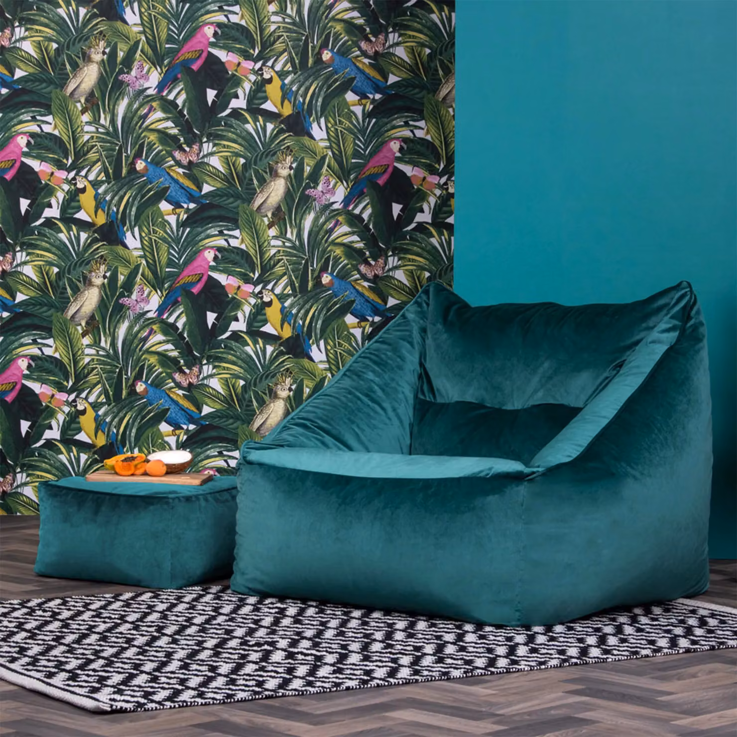 ICON Natalia Velvet Adult Bean Bag Armchair and Footstool in Petrol Blue – 3