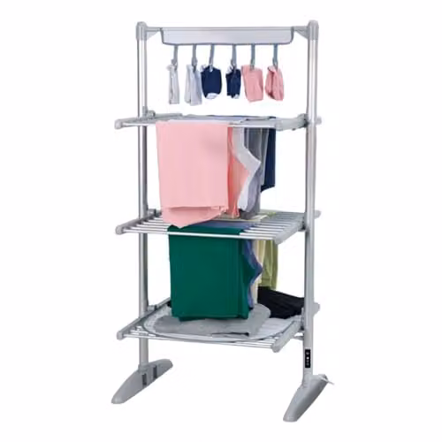 AMOS 3-Tier Electric Heated Clothes Airer with Cover and Digital Thermostat, 300W Foldable Aluminium Indoor Laundry Rack, Silver