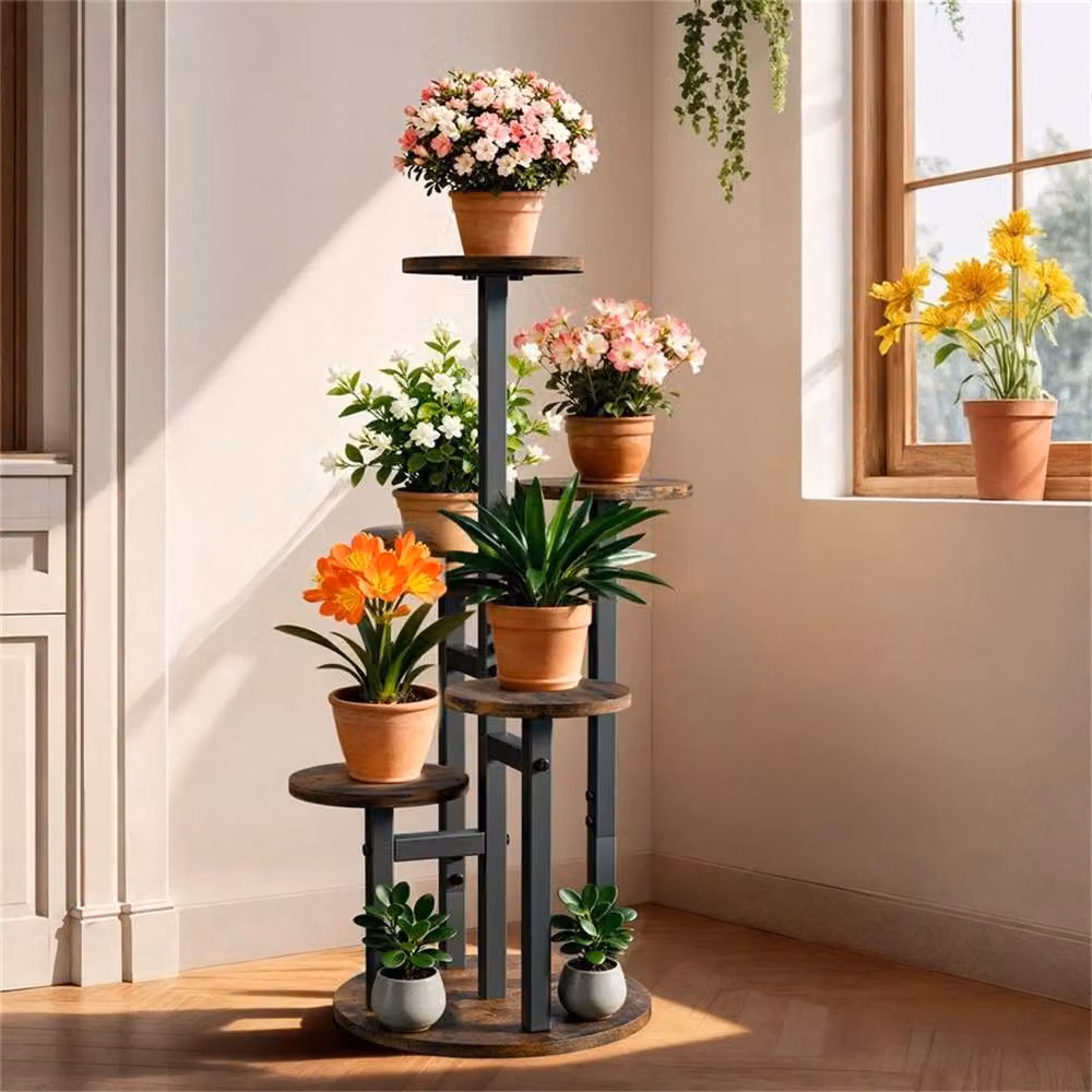 EONLION 6 Tier Industrial Round Plant Stand in Brown and Black Metal and MDF – 4