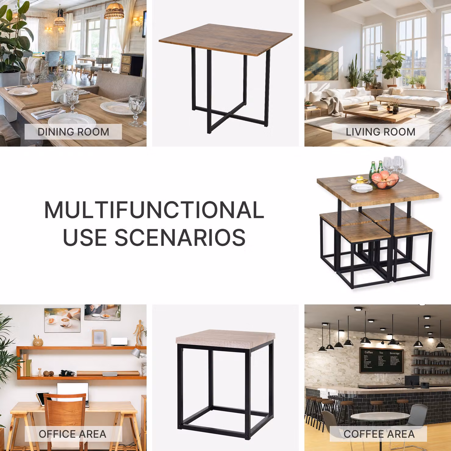 HOMCOM 5 Piece Industrial Dining Set with Square Table and 4 Chairs in Brown and Black – 3