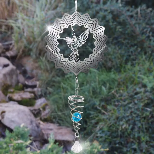 Betley Butterfly Hummingbird Hanging Spiral Wind Spinner in Brown and Silver Metal