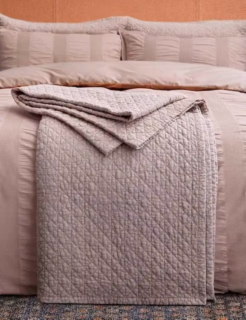 Bedeck of Belfast Pure Cotton Stonewashed Geometric Quilted Throw in Pink