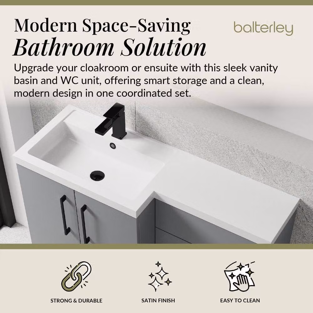 Balterley Modern Satin Grey Left-Hand Vanity and WC Unit Combination with Soft-Close Doors, W: 110 cm, H: 84 cm – 2