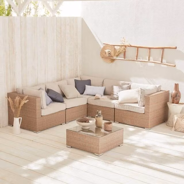 sweeek 5-Seater Polyrattan Corner Garden Sofa Set in Beige