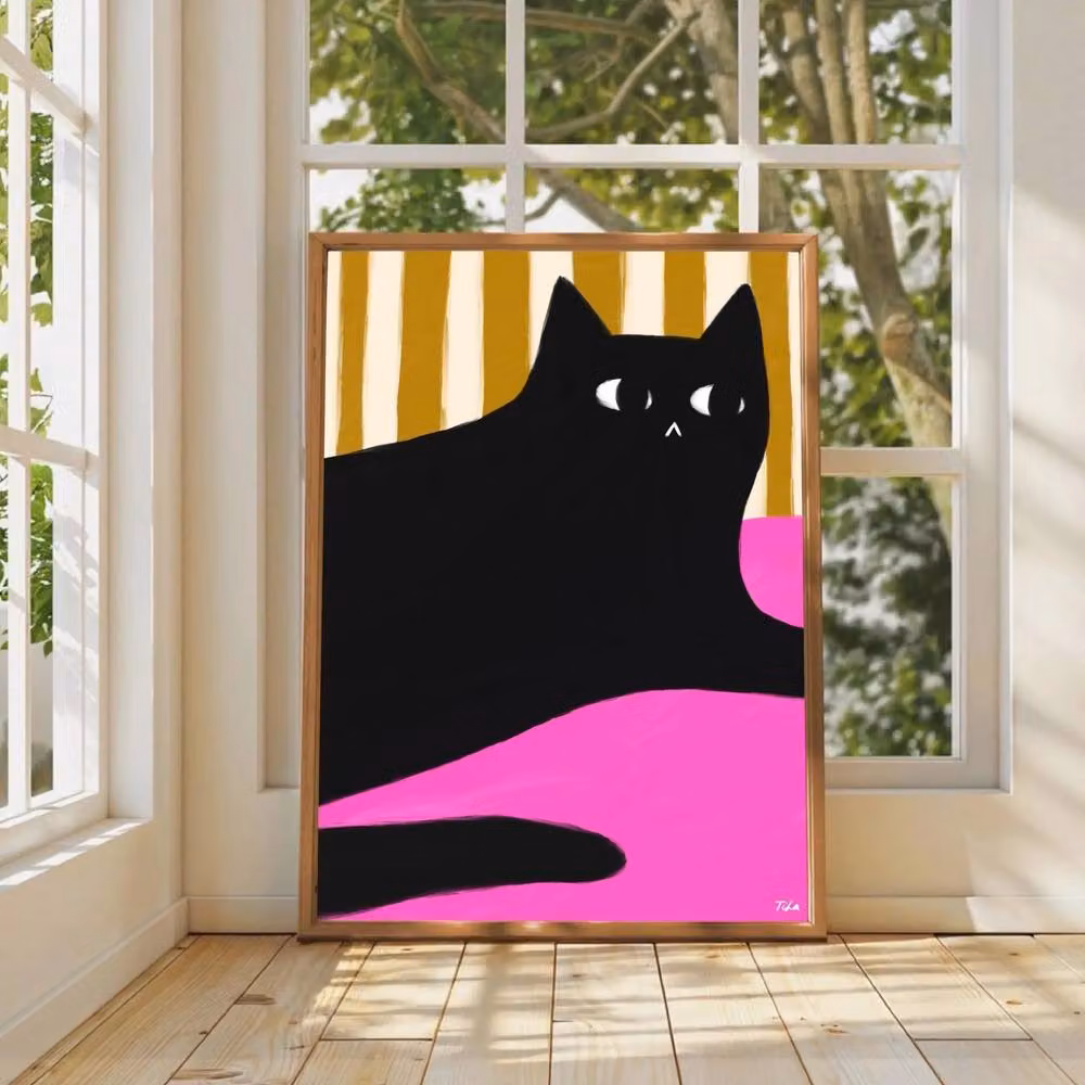 The Paper Tail Black Cat and Stripes Art Print, Multicolour A4 Paper Poster – 3