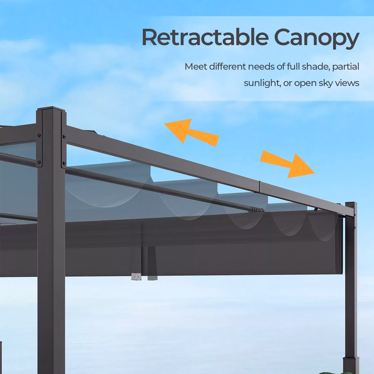 Costway Grey Outdoor Pergola with Retractable Canopy and Heavy-Duty Metal Columns, W: 310 cm, D: 310 cm, H: 225 cm – 5