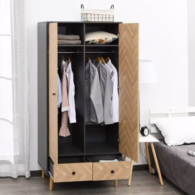 HOMCOM Modern Freestanding Wardrobe Cabinet with Internal Shelves, Hanging Rod and 2 Drawers in Grey and Brown