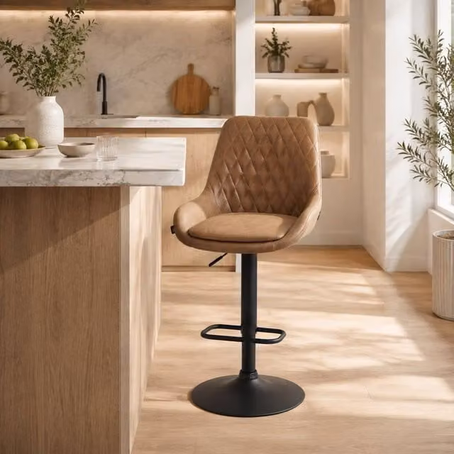 STILVORA Set of Two Brown Synthetic Leather Bar Stools with Adjustable Height and 360 Degree Swivel – 1