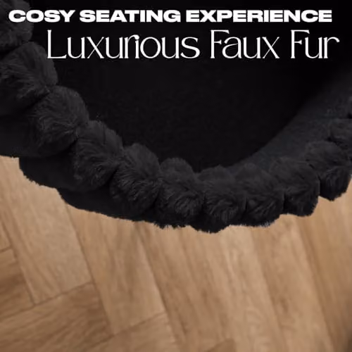 OHS Black Faux Fur Ribbed Round Ottoman Stool with Metal Hairpin Legs – 3
