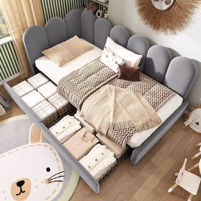 Merax Upholstered Single Daybed with Drawers in Grey, W/D/H: 190 x 90 x 76 cm – 1