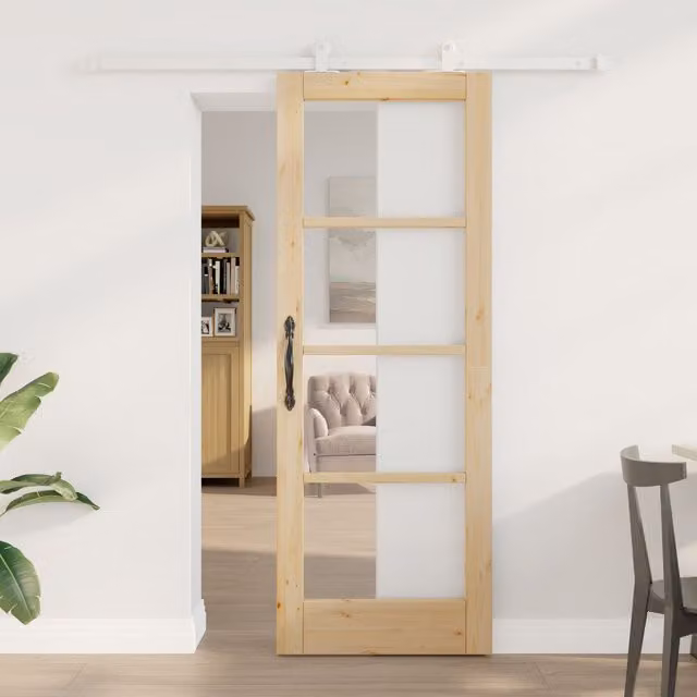 Berkfield Home Orkdal Minimalist Sliding Door with Hardware Set in Beige, Solid Wood and Glass, H: 198.5 cm, W: 73.5 cm