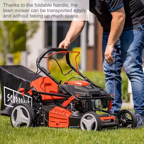 Scheppach MS225-53 Self-Propelled Petrol Lawn Mower with 224cc 6HP Engine, 53cm Cutting Width, 25–75mm Cutting Height and 65L Collection Bag in Black and Red – 6