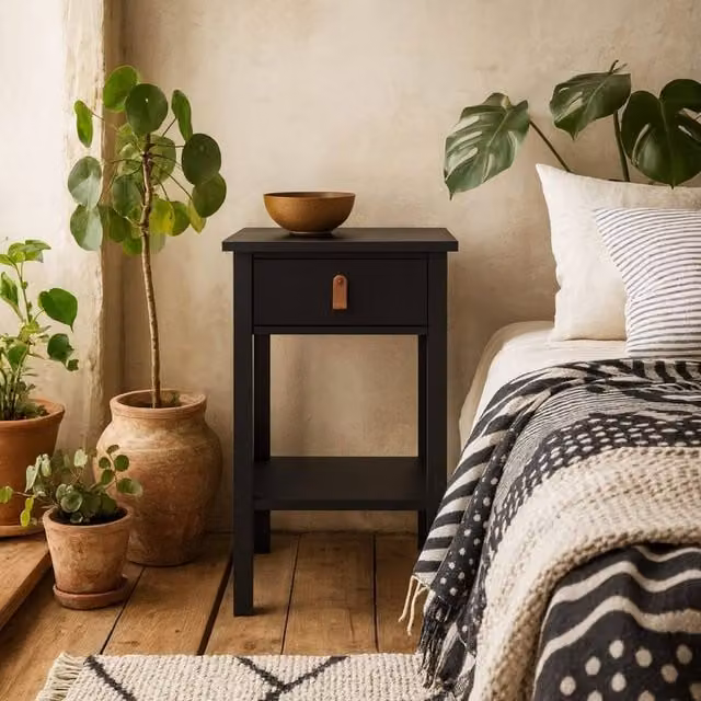 Wyld Haus Wyldberry Matt Black Wooden Bedside Table with 1 Drawer and Bottom Shelf