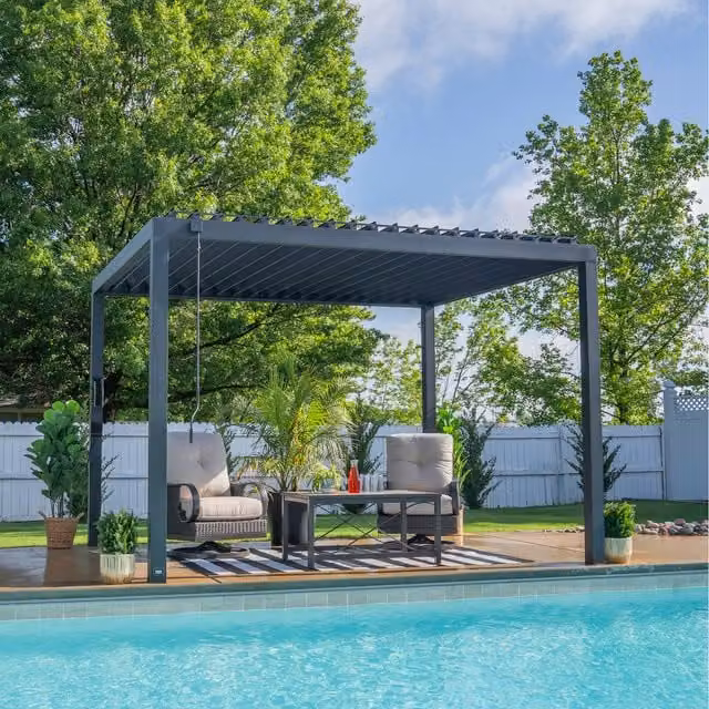 Backyard Discovery Sarasota Louvered Steel Outdoor Patio Pergola with Powerport, Black, W: 297.99 cm, D: 253.01 cm, H: 253.01 cm