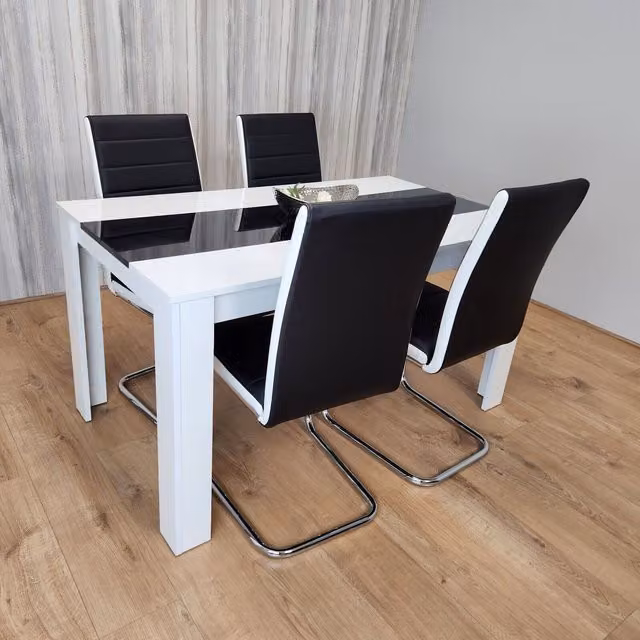 Kosy Koala Modern Dining Set with Rectangular Table and 4 Striped Padded Chairs in Black and White, W: 140 cm