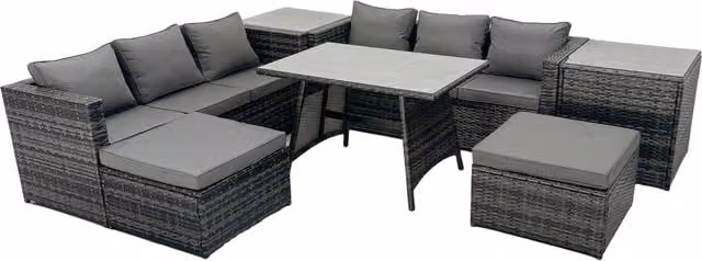 Fimous 8-Seater PE Rattan Garden Sofa and Dining Set with Tempered Glass Table in Dark Grey Mixed