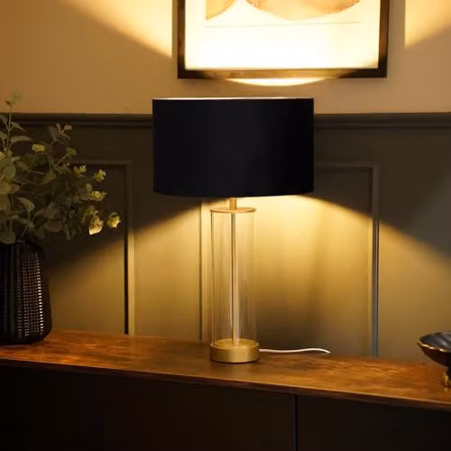 ValueLights Balan Glass and Gold Metal Table Lamp with Black Fabric Drum Shade and LED Bulb – 2