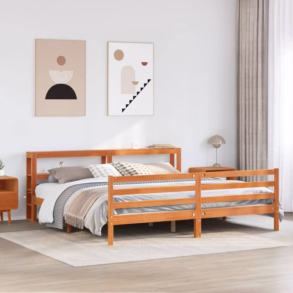 Berkfield Home Wax Brown Solid Wood Pine Bed Frame with Side Compartments 200 x 200 cm – 2