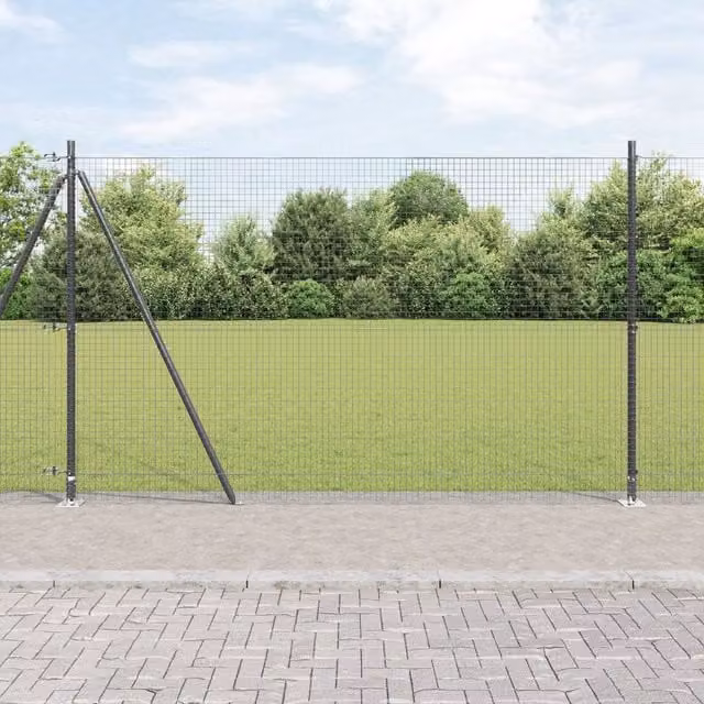 Berkfield Home Welded Wire Fence with 7 Flanged Posts, Grey Steel, W: 10 m, H: 1.4 m – 1