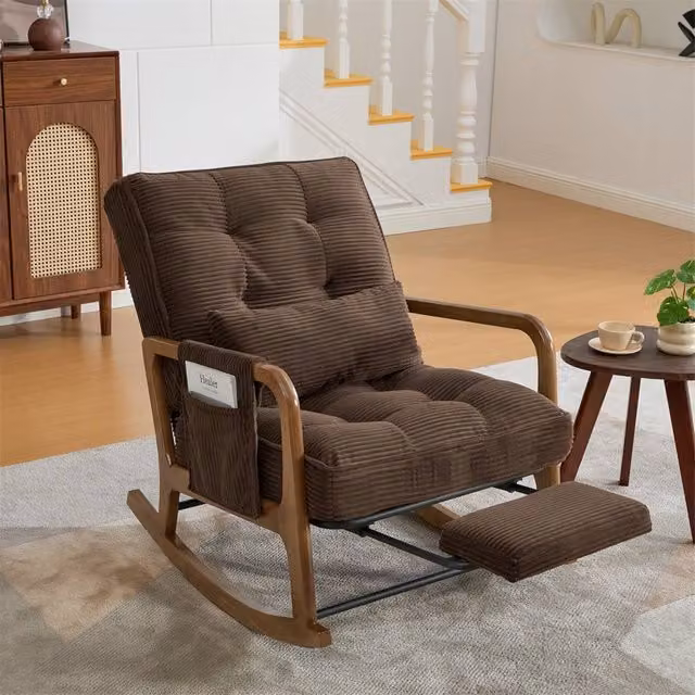 Direct Wicker Corduroy Upholstered Rocker Glider Chair with Footrest and Side Pocket in Dark Brown