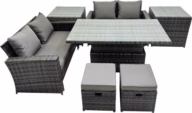 Fimous 6-Seat Rattan Garden Sofa Set with Adjustable Lifting Table in Dark Grey Mixed