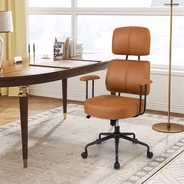 Costway Brown Synthetic Leather Swivel Task Chair with Headrest and Armrests for Home Office