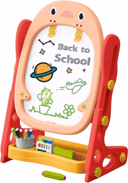 Kidkid Double-Sided Magnetic Easel Adjustable Drawing Board with Games in Yellow and Red