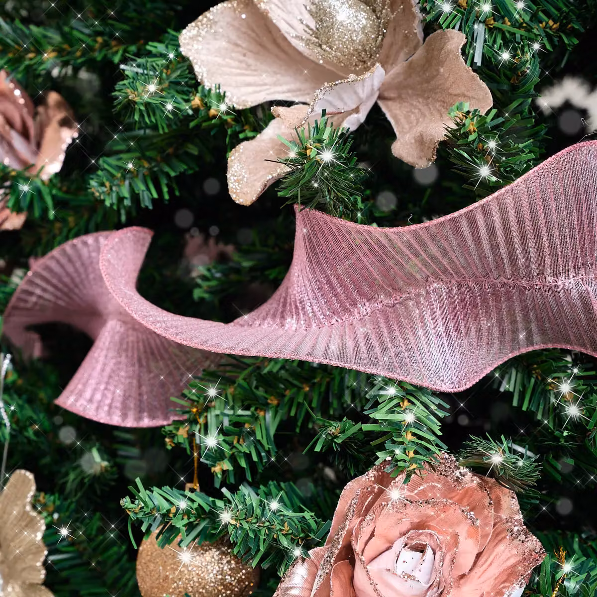 Melody Maison Hot Pink Sparkle Ruffle Christmas Tree Ribbon, 2.7m – 3