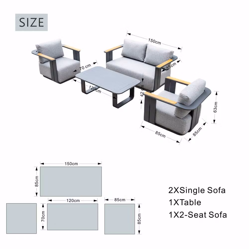 MIMO Garden 4-Seater Grey Aluminum Garden Sofa Set with Teak Armrests and Coffee Table – 4