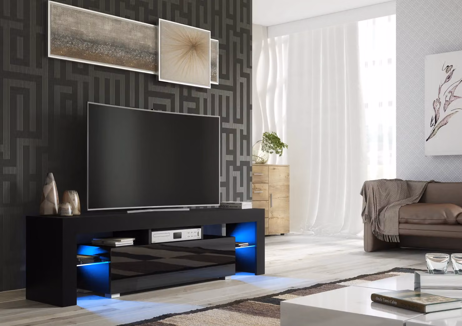 Creative Furniture Aria Modern TV Unit in Black with Glossy Doors and LED Lights, W: 160 cm, H: 45 cm, D: 35 cm – 4