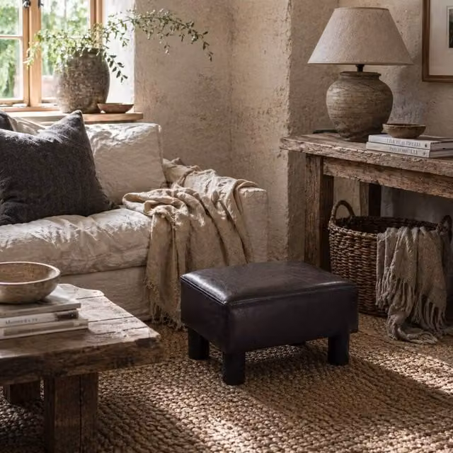 Wyld Haus Fatopa Brown Faux Leather Cube Footstool with Wood Frame and Plastic Feet